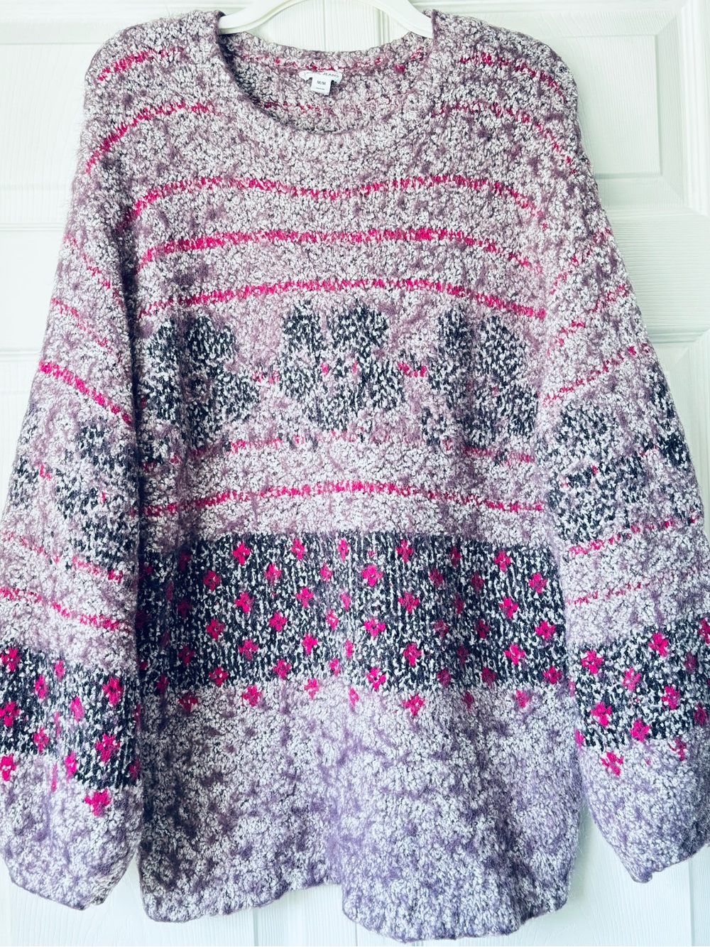 Tribal Fuzzy Knit Sweater in Lavender, Hot Pink and Charcoal - size M